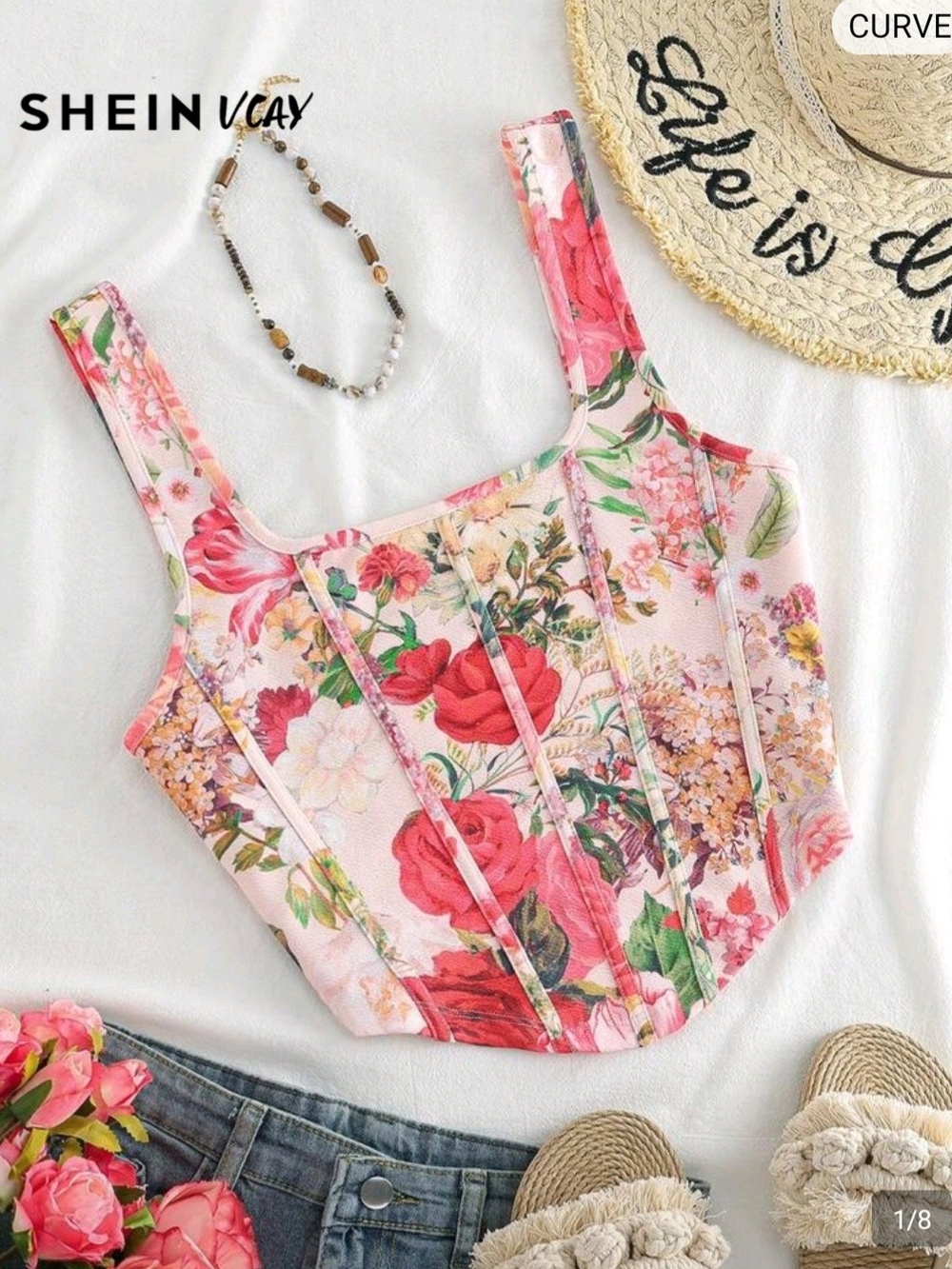 SHEIN 4XL Pink Floral Corset Tank with Red Rose Print NWOT